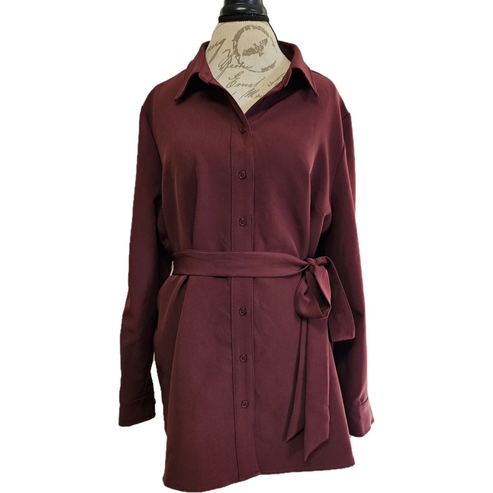 NWT Lane Bryant Burgundy Belted Hidden Button Front Tunic Shirt Size 16 Academia